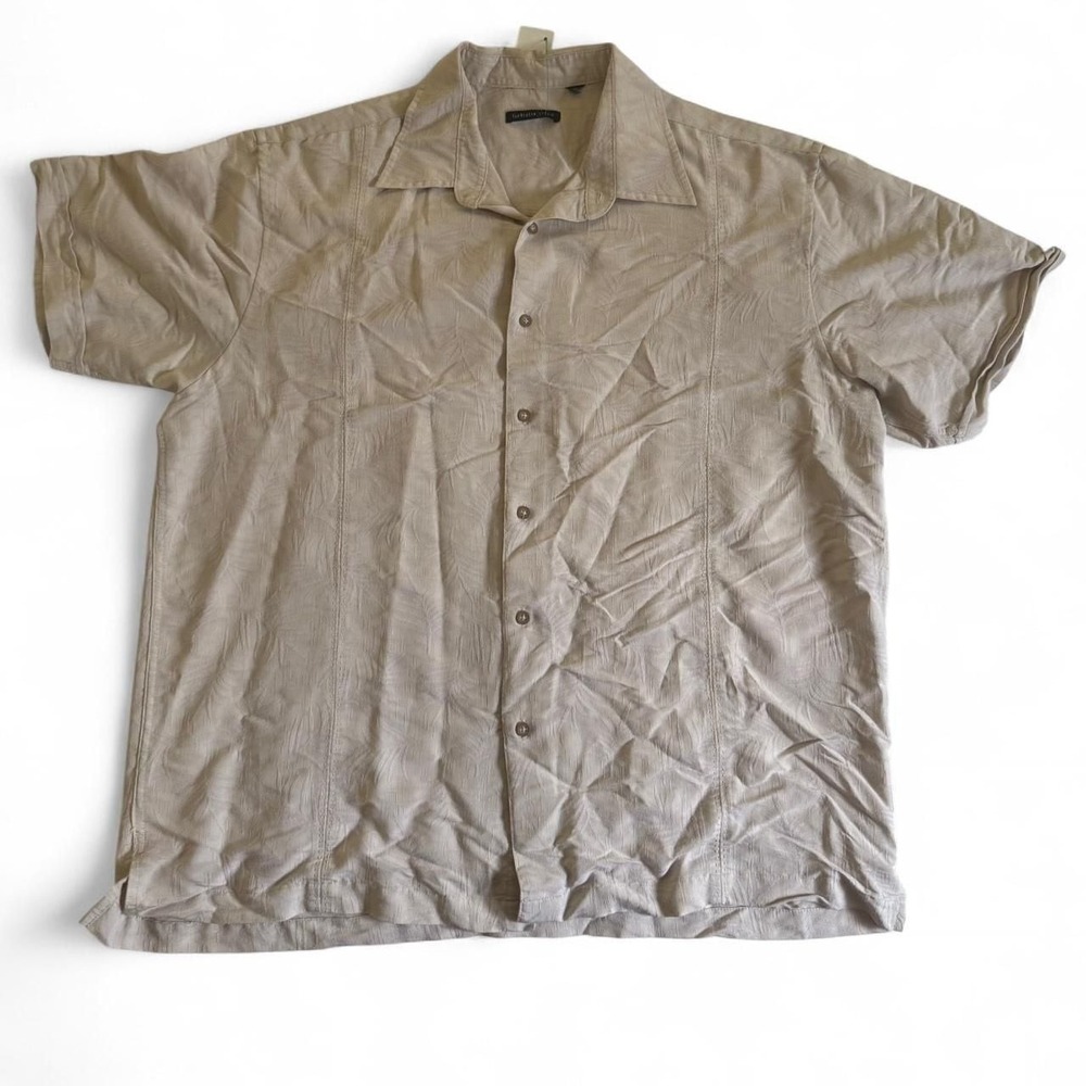 Van Heusen Studio Tan Palm Textured Short Sleeve Vacation Shirt, Size XL